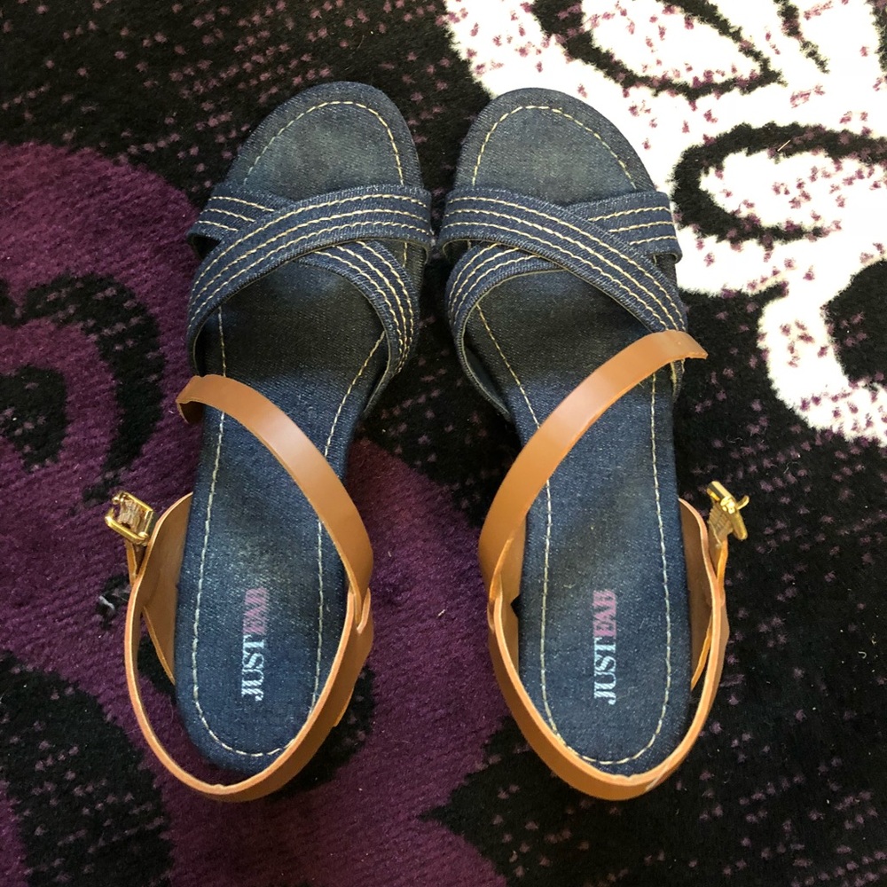 JustFab denim and brown 2 1/2 inches sandals